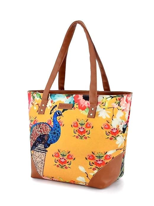  Peacock print canvas pu women tote bag