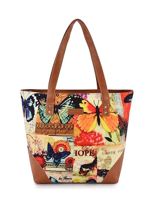 Butterfly print canvas pu women tote bag
