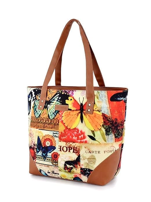 Butterfly print canvas pu women tote bag