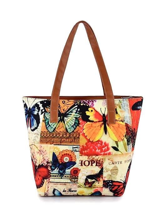 Butterfly print canvas pu women tote bag