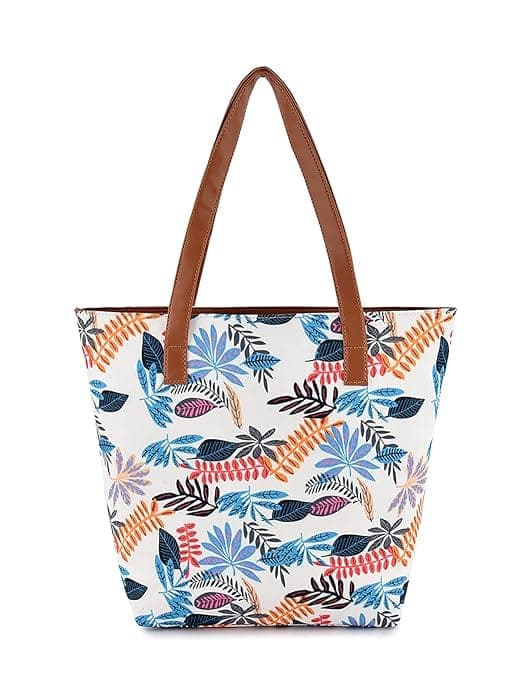 Leaf print canvas pu women tote bag