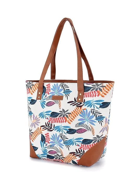 Leaf print canvas pu women tote bag