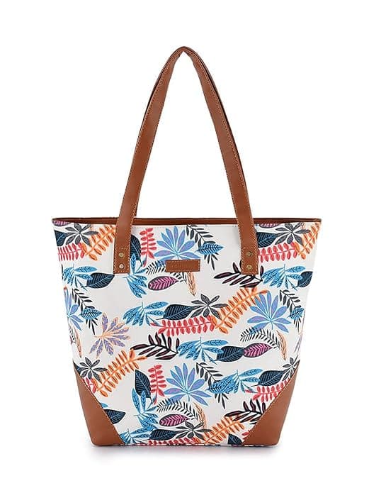 Leaf print canvas pu women tote bag