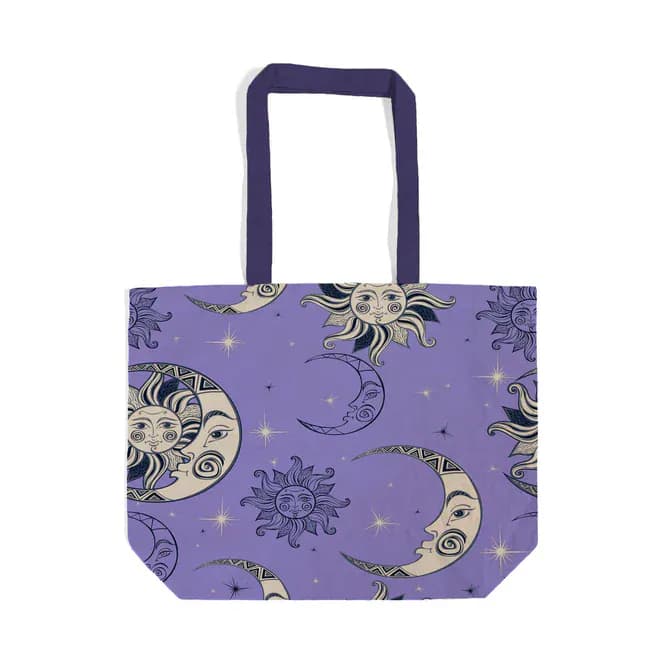 Moon face purple canvas shopping grocery bag