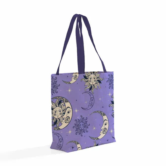 Moon face purple canvas shopping grocery bag