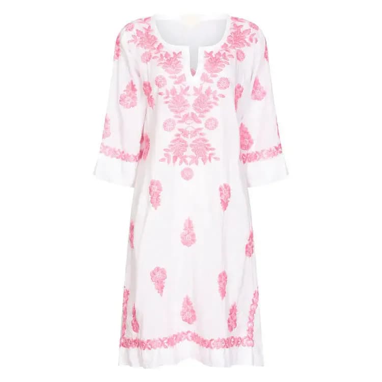 WHITE HARRIET DRESS WITH PINK HAND EMBROIDERY