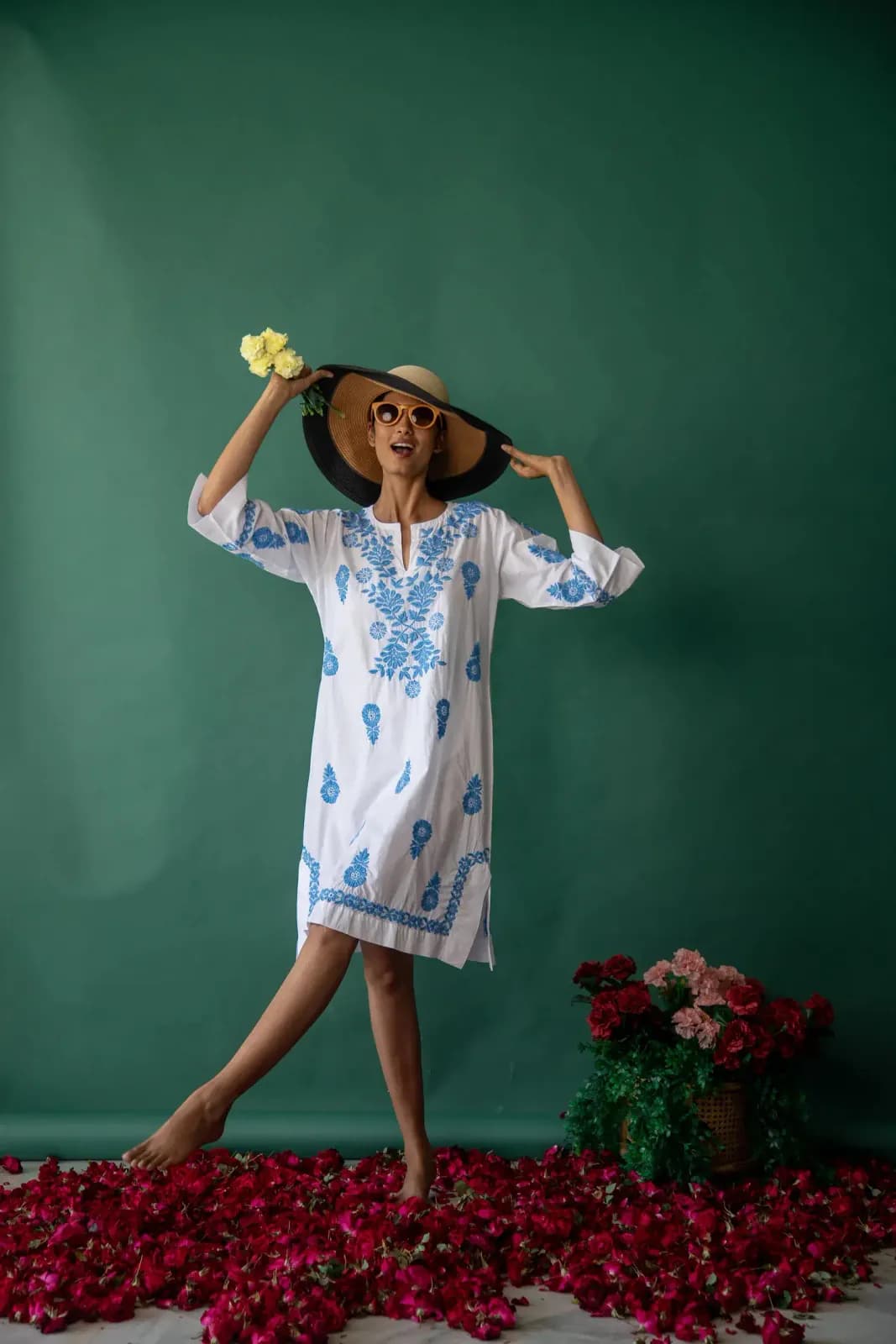WHITE HARRIET DRESS WITH BLUE EMBROIDERY