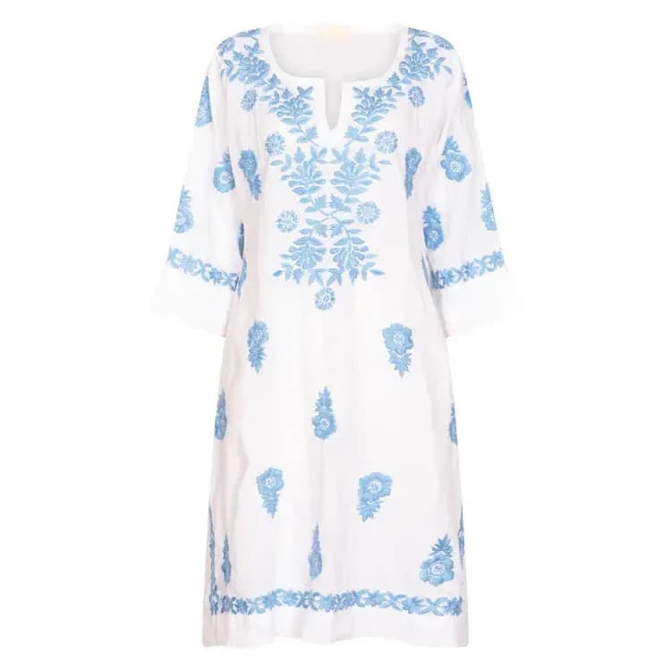 WHITE HARRIET DRESS WITH BLUE EMBROIDERY