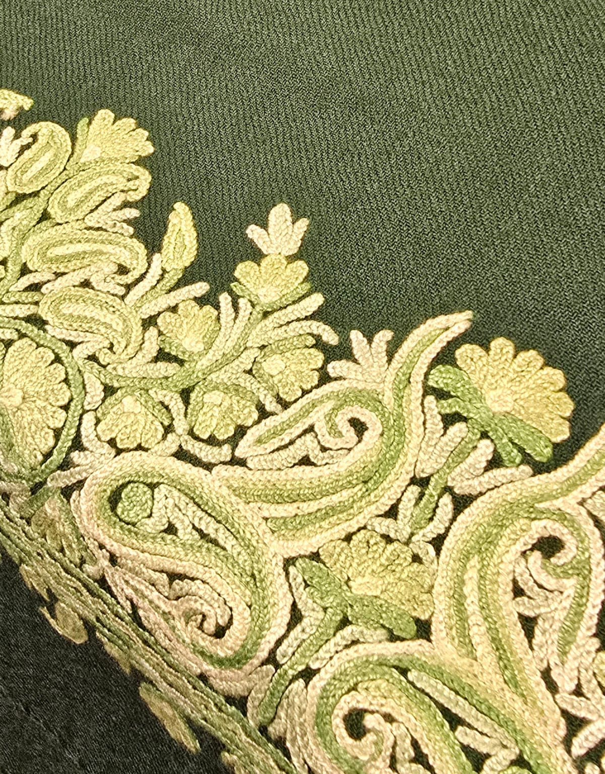 Alpine green hand-embroidered scarf in pure wool
