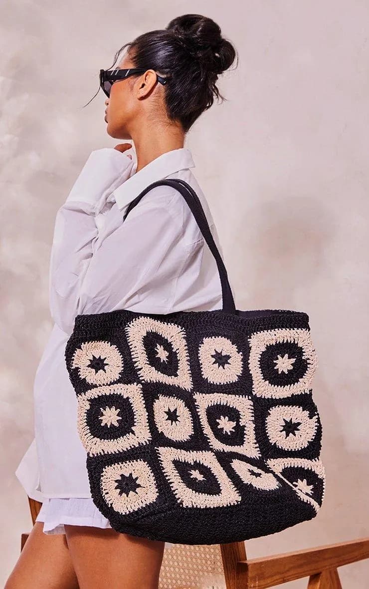Black & Natural Crochet Tote