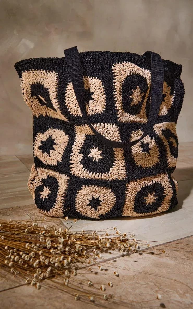 Black & Natural Crochet Tote