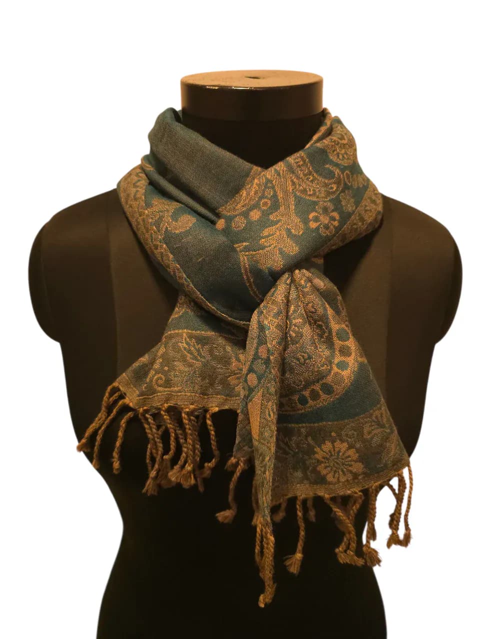 Green paisley patterned wool scarf