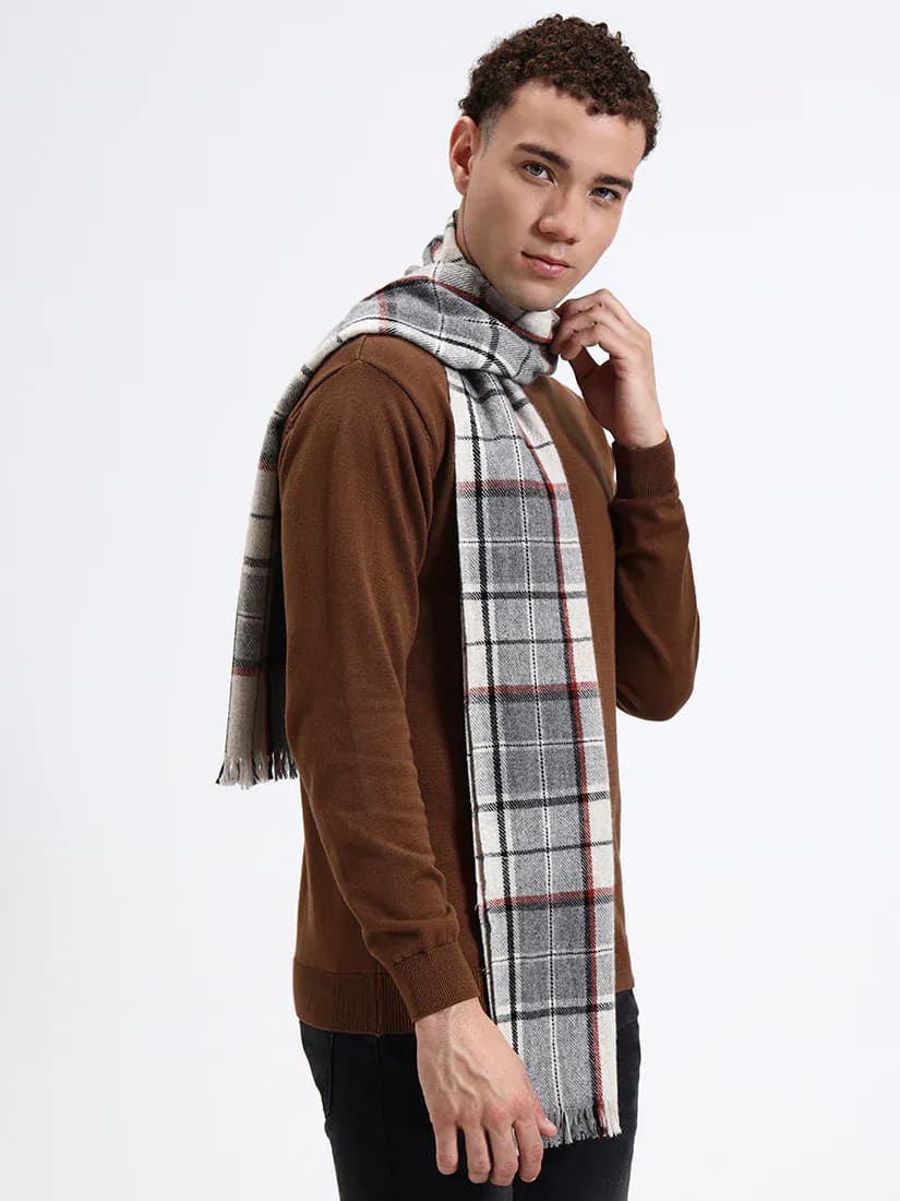 Stone Grid Check Fringe Scarf