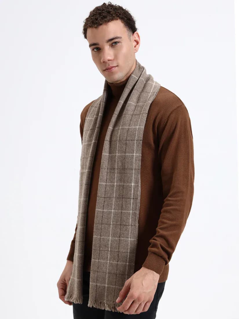 Sand Grid Check Fringe Scarf