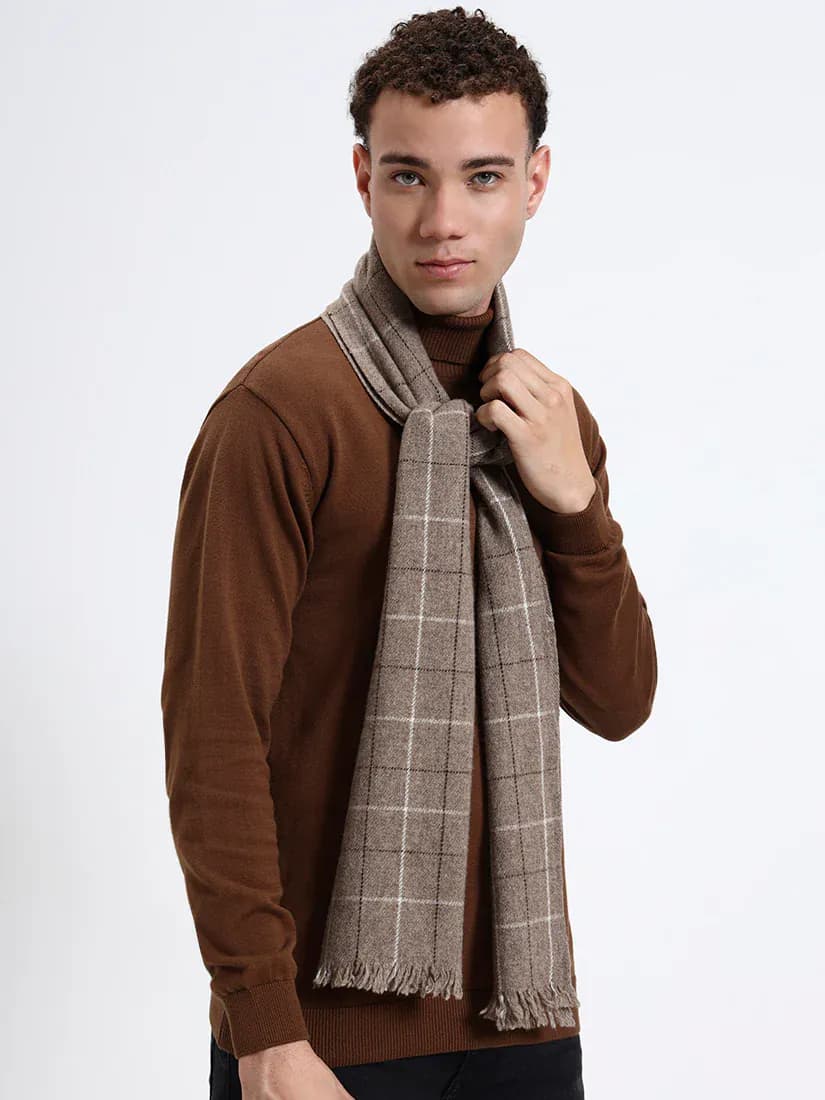 Sand Grid Check Fringe Scarf