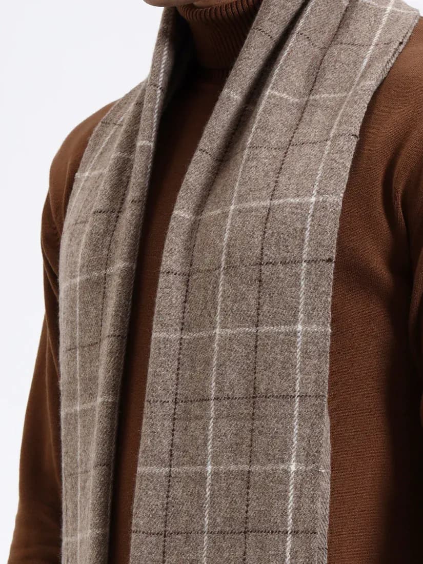Sand Grid Check Fringe Scarf
