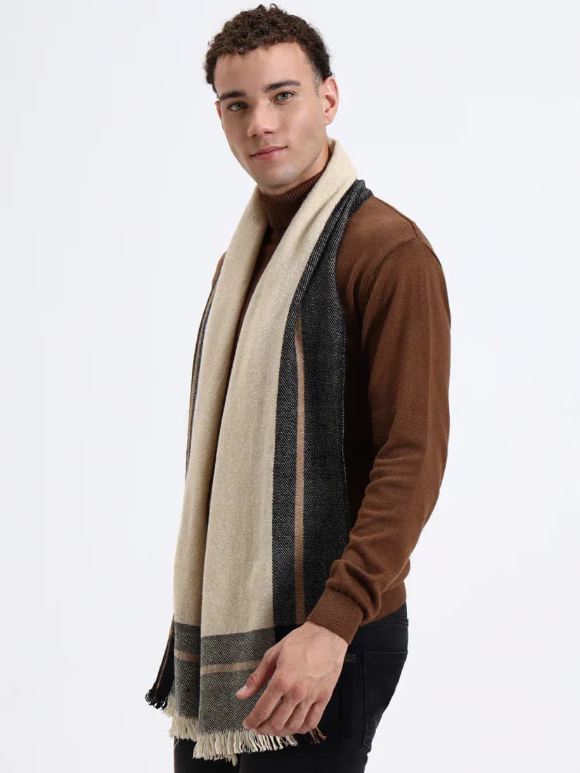  Charcoal Border Beige Lambswool Scarf