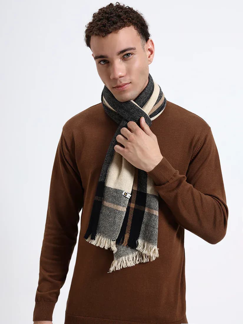  Charcoal Border Beige Lambswool Scarf