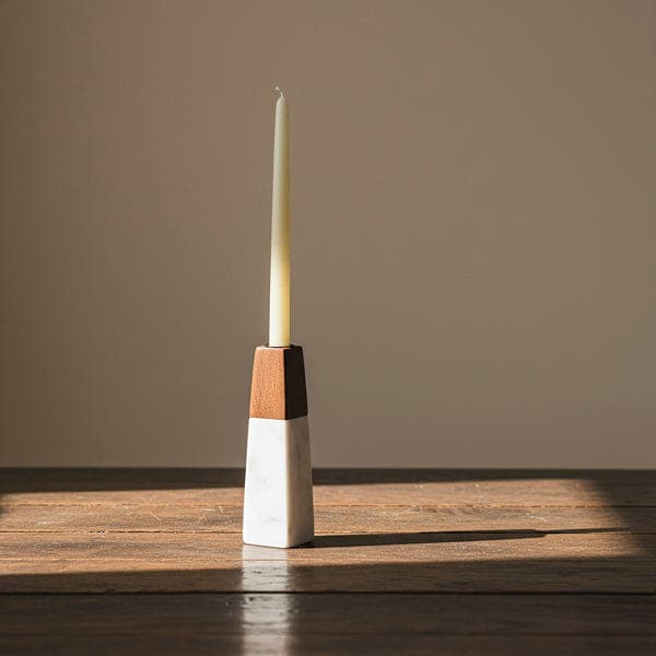 Tapered White Marble & Acacia Sculptural Candleholder