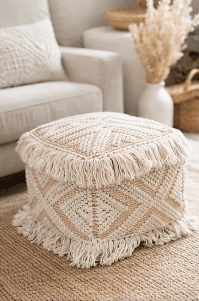 Cotton Blend Decorative Pouf with Fringe