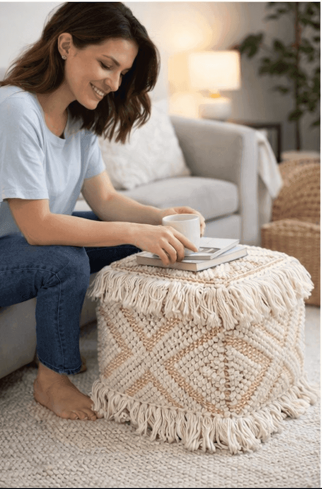 Cotton Blend Decorative Pouf with Fringe