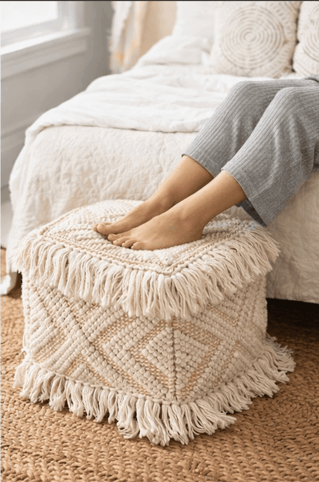 Cotton Blend Decorative Pouf with Fringe