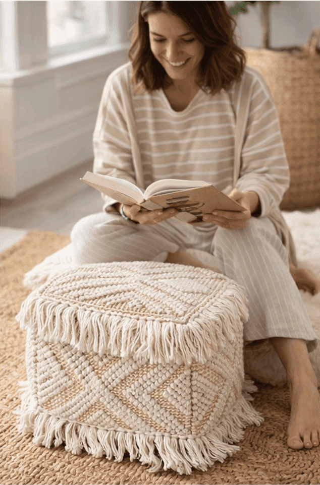Cotton Blend Decorative Pouf with Fringe