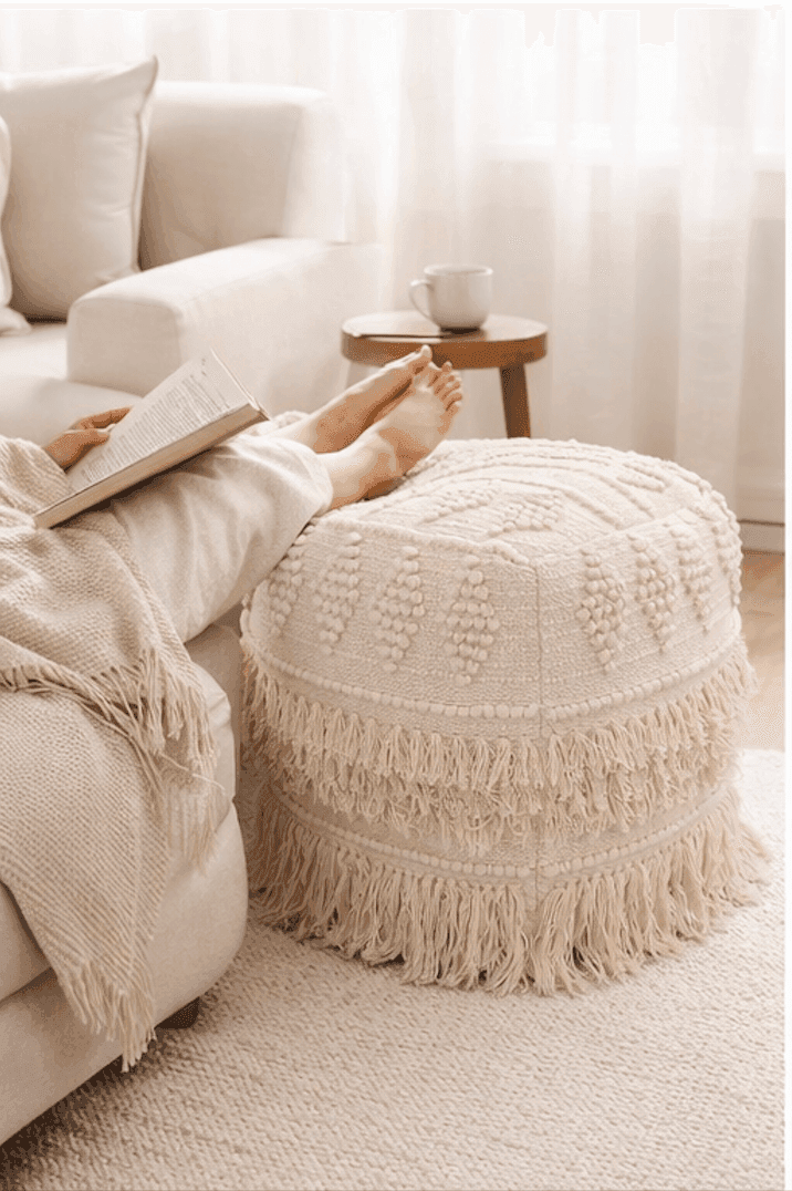 Natural Fringe Handwoven Cotton Blend Pouf