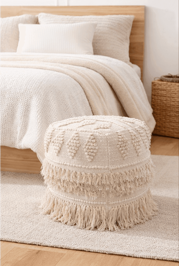 Natural Fringe Handwoven Cotton Blend Pouf