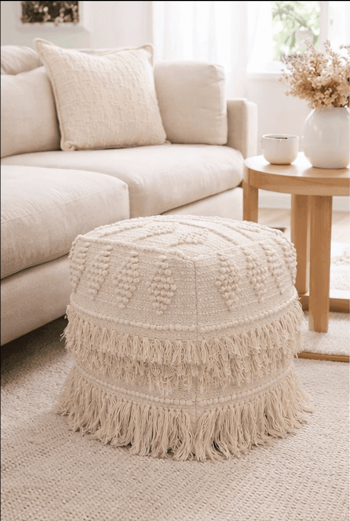 Natural Fringe Handwoven Cotton Blend Pouf