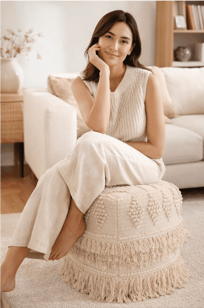 Natural Fringe Handwoven Cotton Blend Pouf
