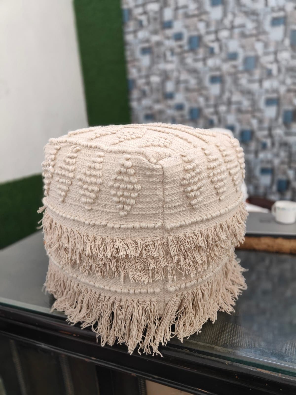 Natural Fringe Handwoven Cotton Blend Pouf
