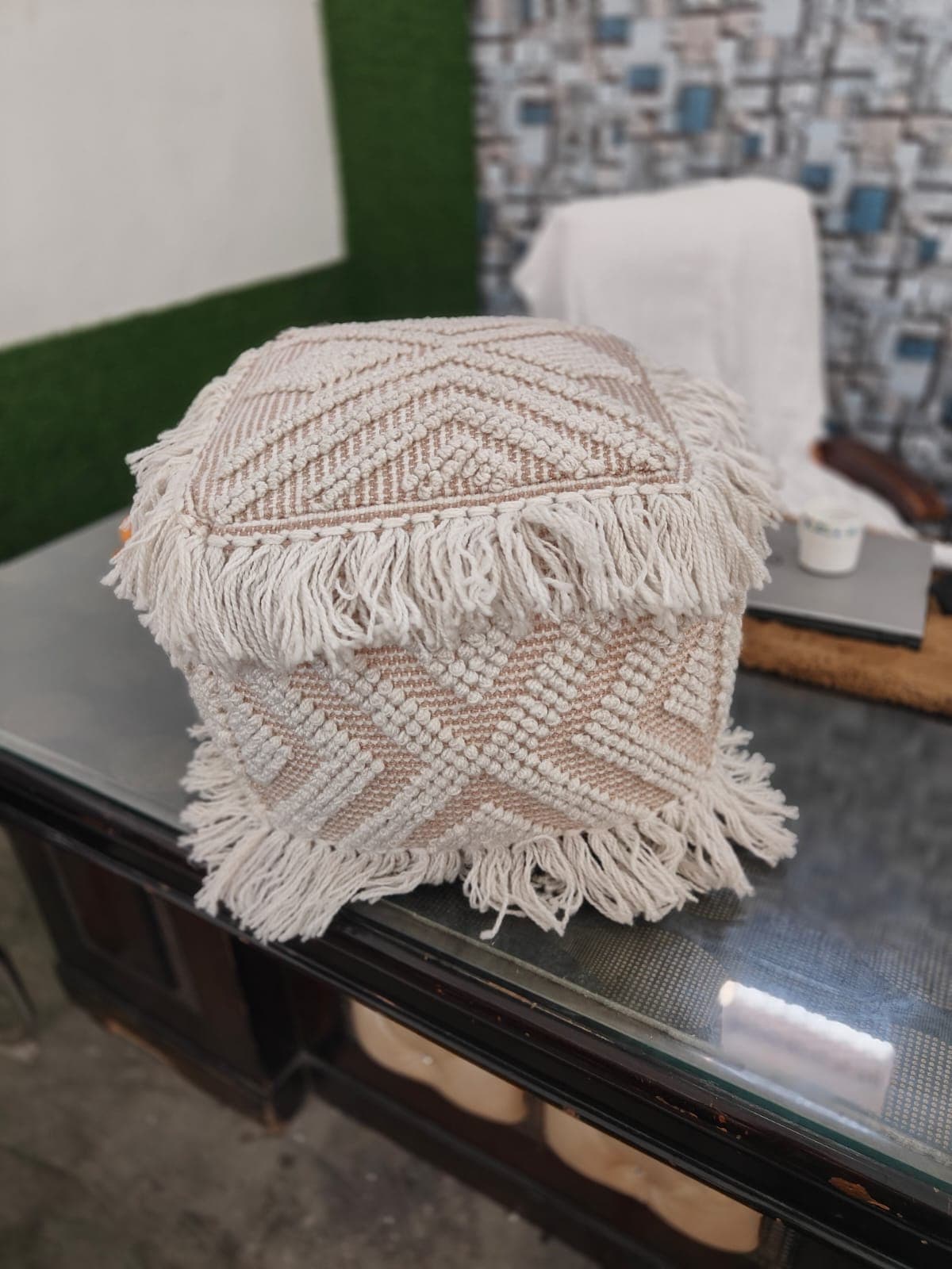 Cotton Blend Decorative Pouf with Fringe