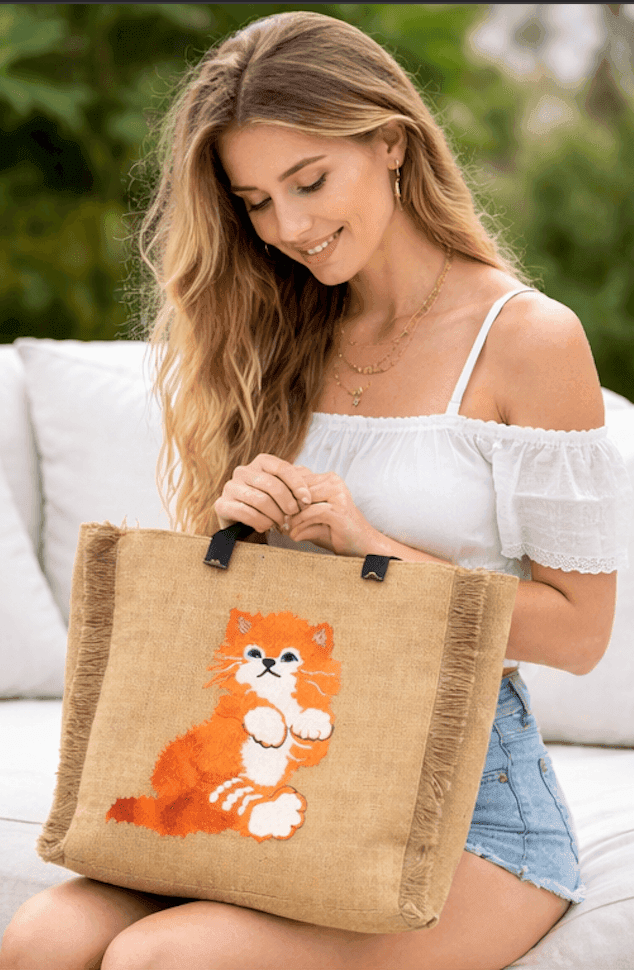 Embroidered Cat Jute Tote Bag