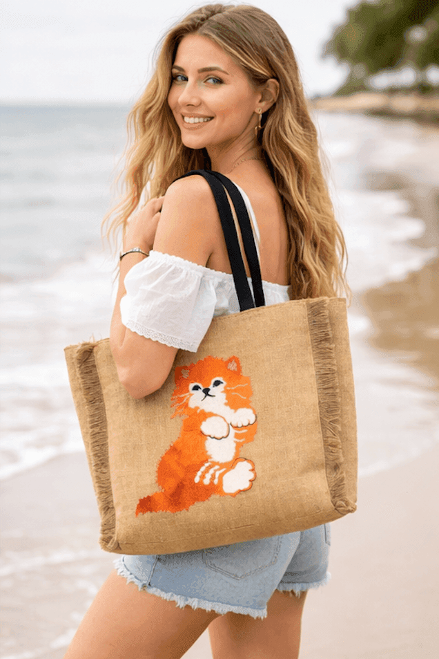 Embroidered Cat Jute Tote Bag