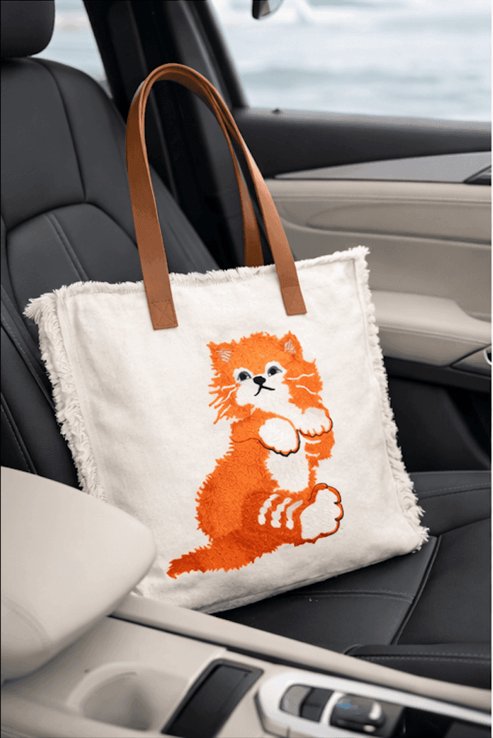 Cat Cotton Tote Bag with Genuine Leather Handles