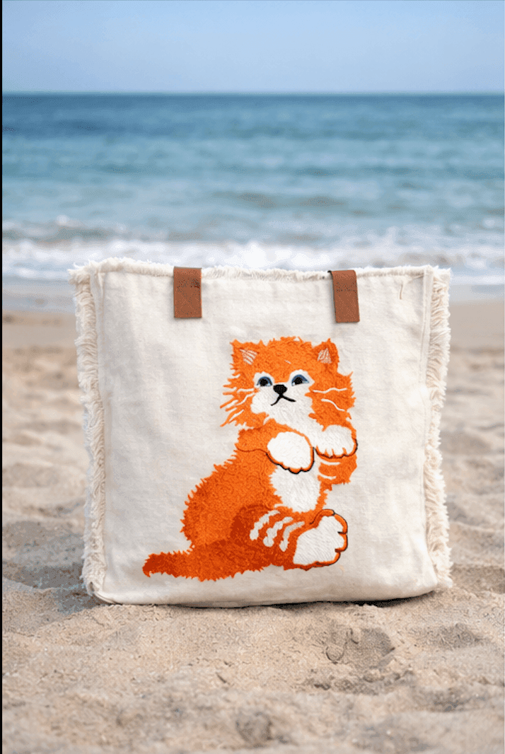 Cat Cotton Tote Bag with Genuine Leather Handles