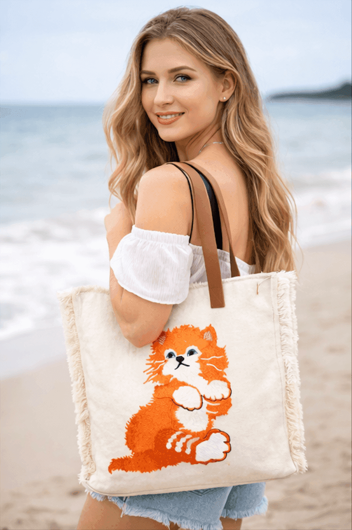 Cat Cotton Tote Bag with Genuine Leather Handles