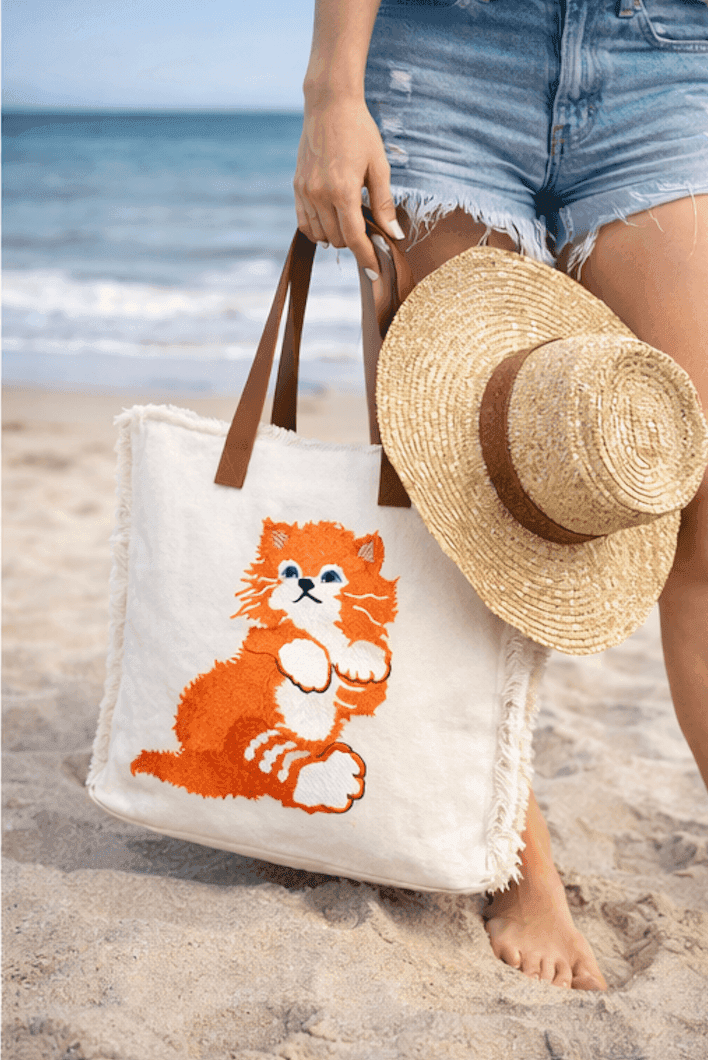 Cat Cotton Tote Bag with Genuine Leather Handles