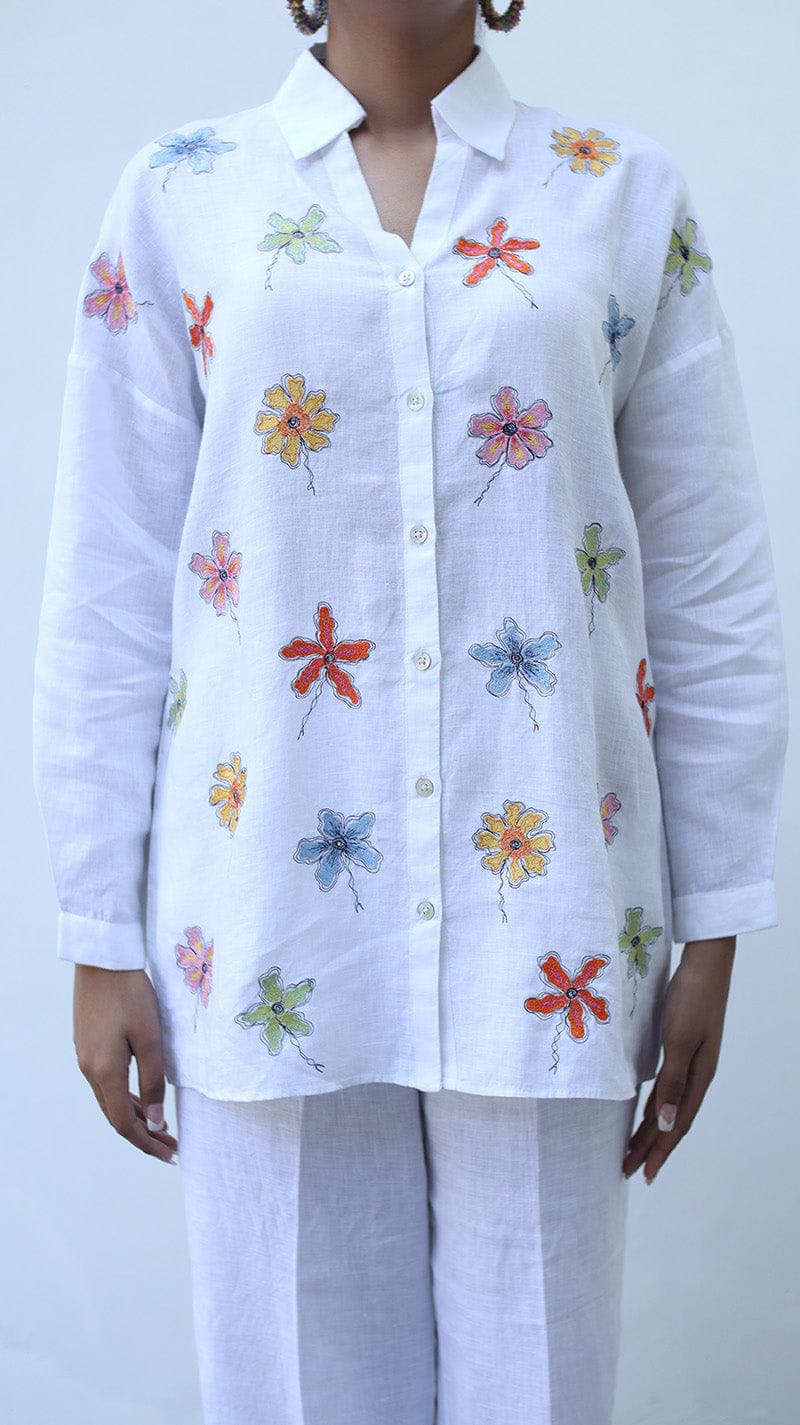White Embroidered Lounge Shirt 