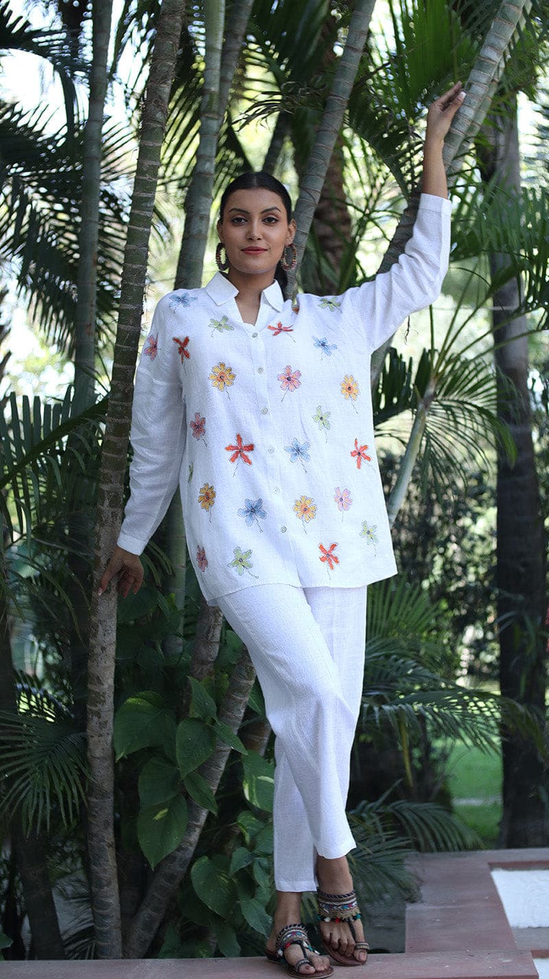 White Embroidered Lounge Shirt 