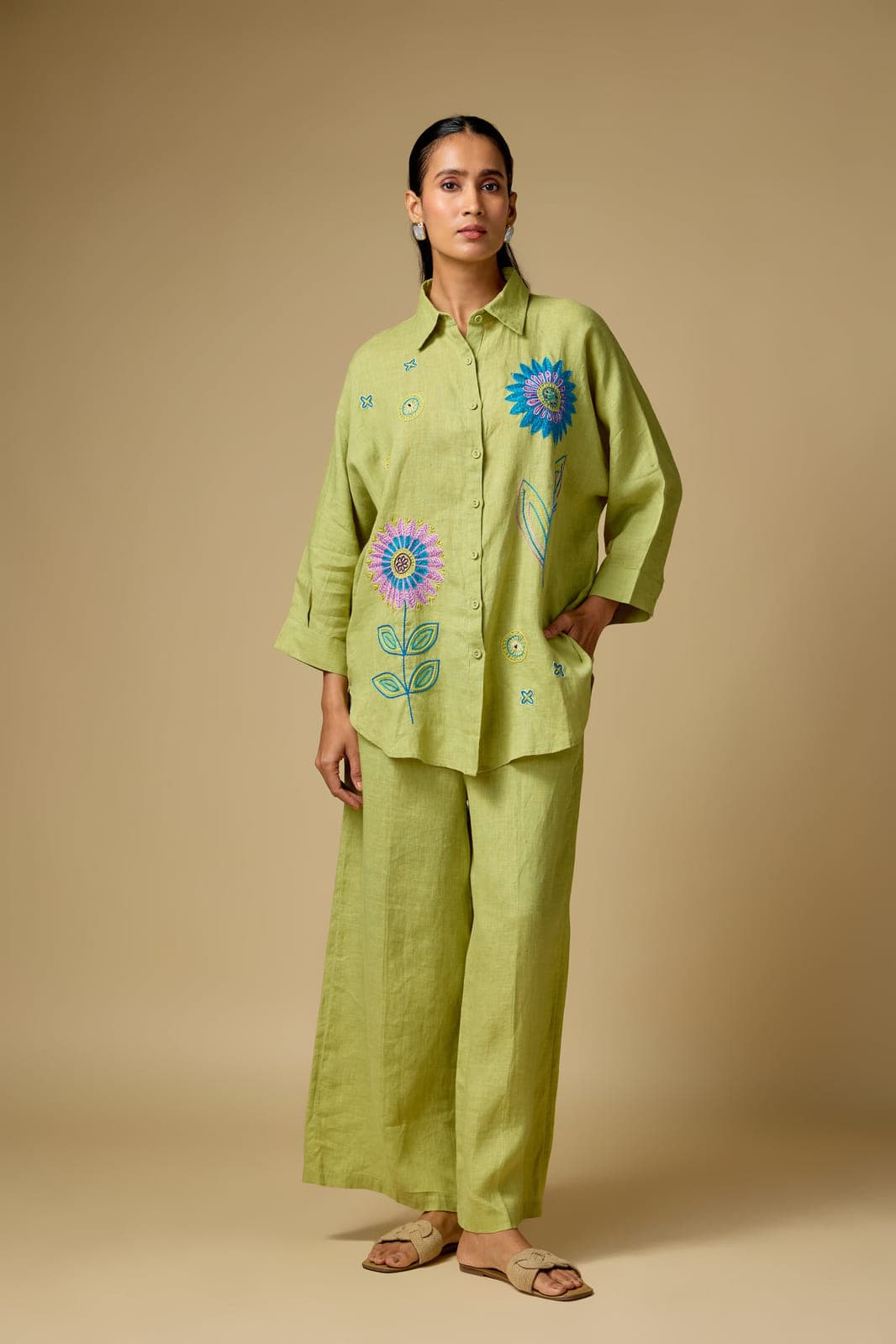 Pure Linen Pista green Floral Co-ord Set