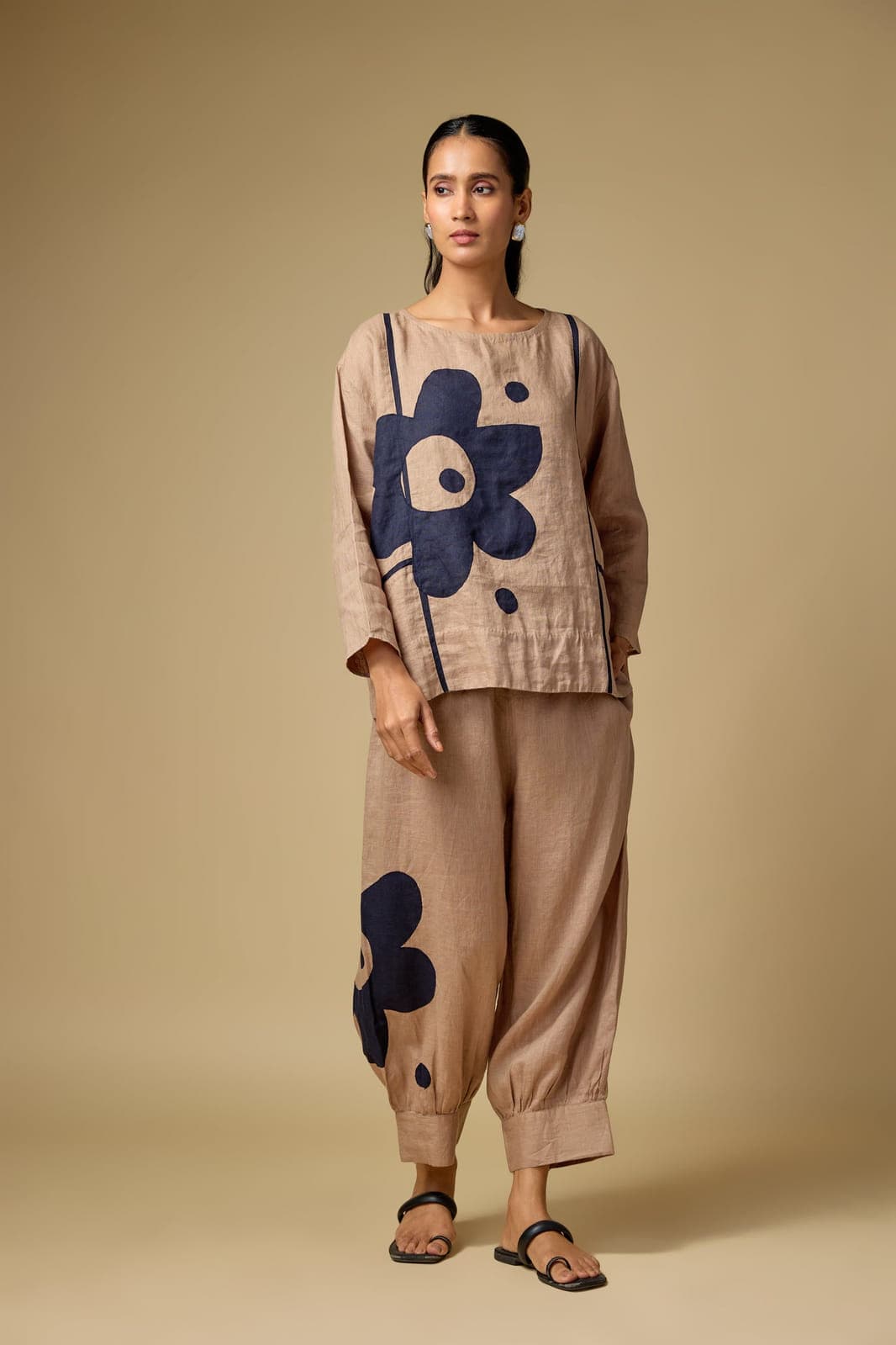 Pure Linen Khakhi Floral Co-ord Set
