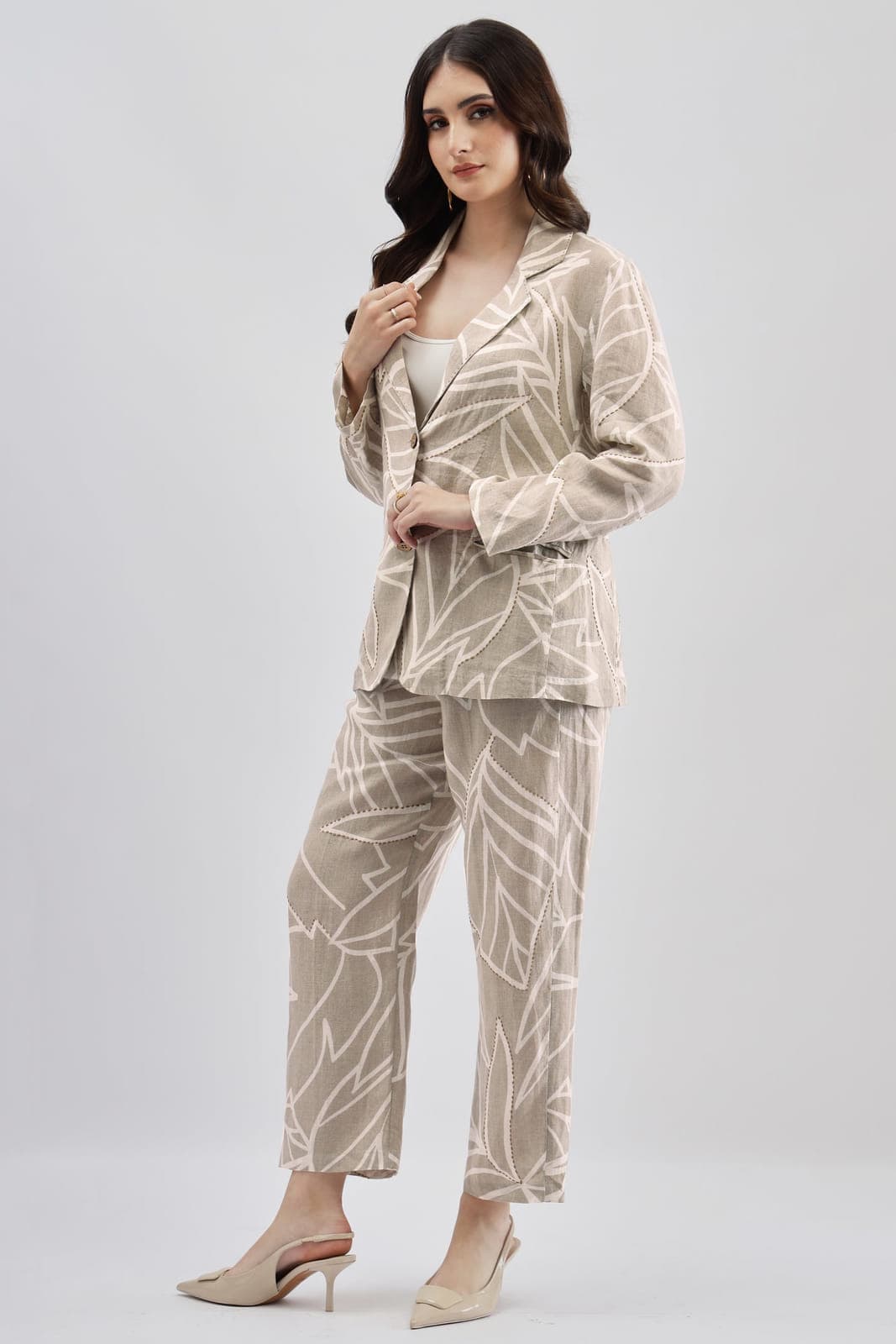 Beige Printed Kantha Work Blazer And Pants