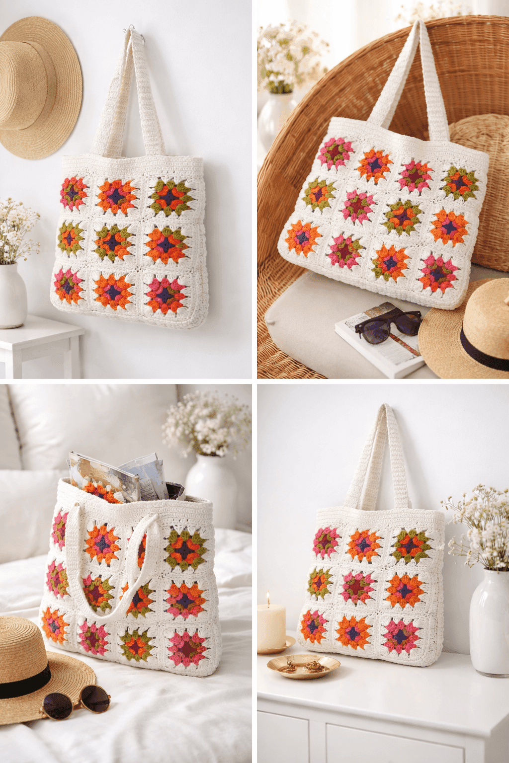 Ivory Bloom Granny Square Tote