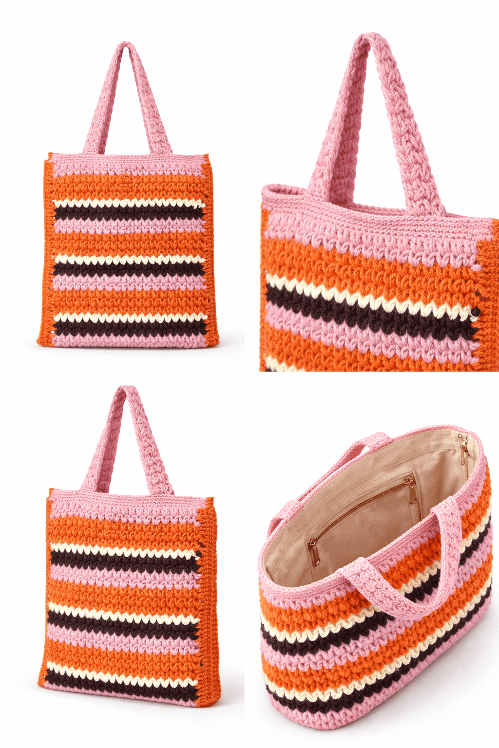 Coral Blush Stripe Crochet Tote