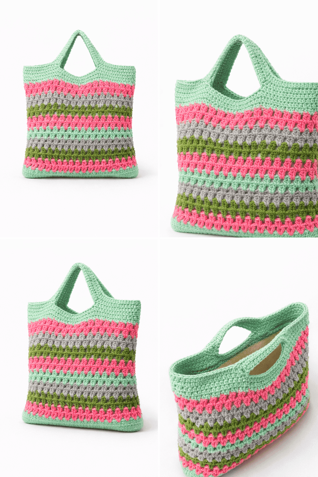 Mint Blossom Stripe Crochet Tote