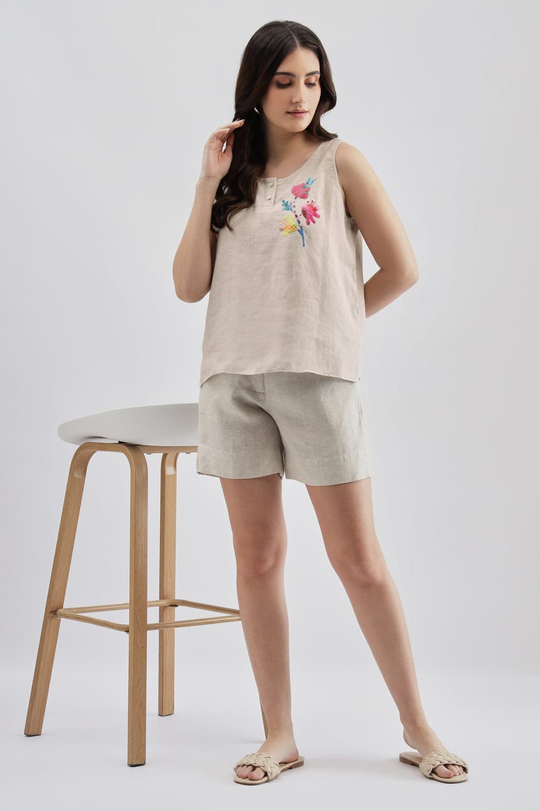 Beige Linen Sleevless Embroidered Top
