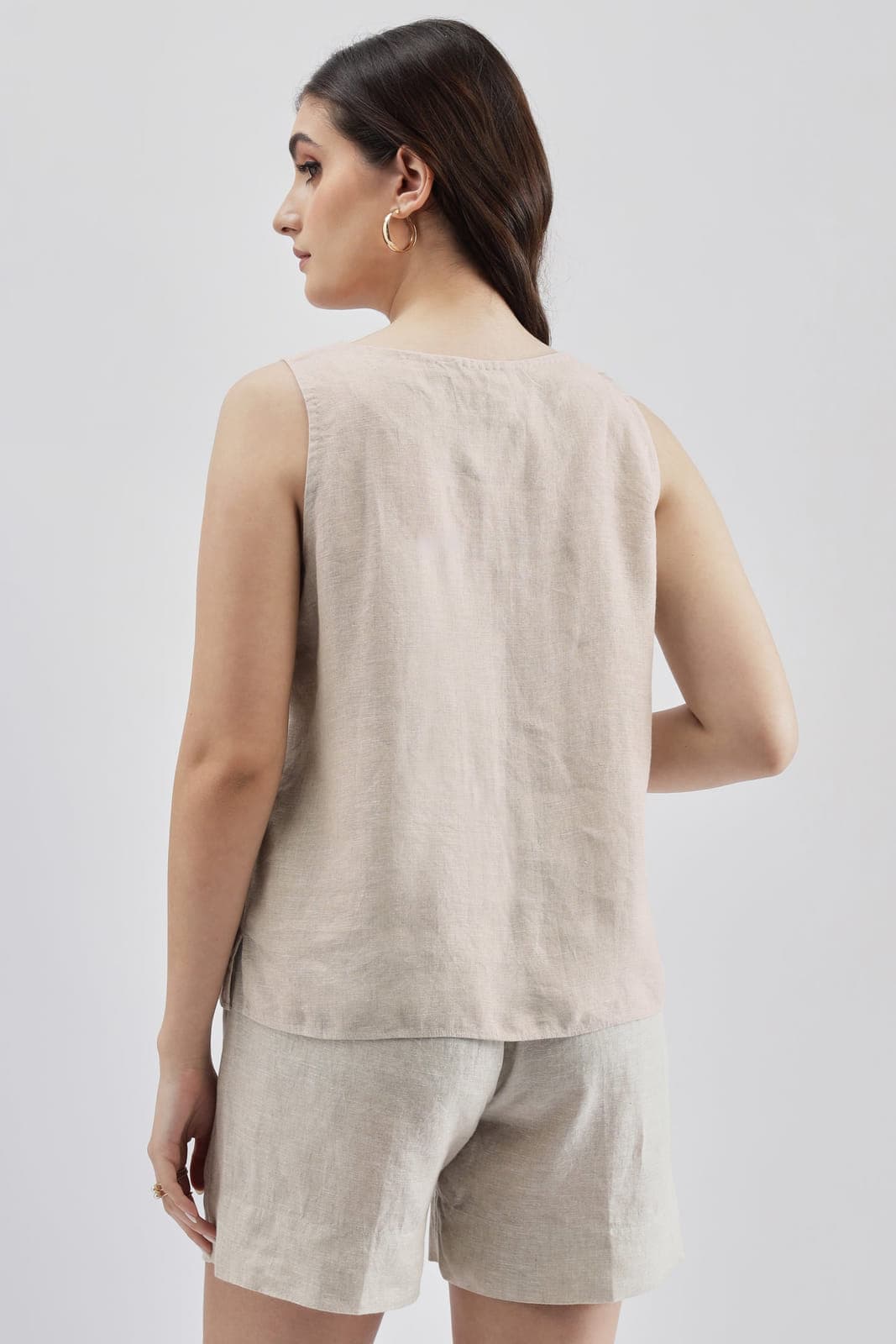 Beige Linen Sleevless Embroidered Top