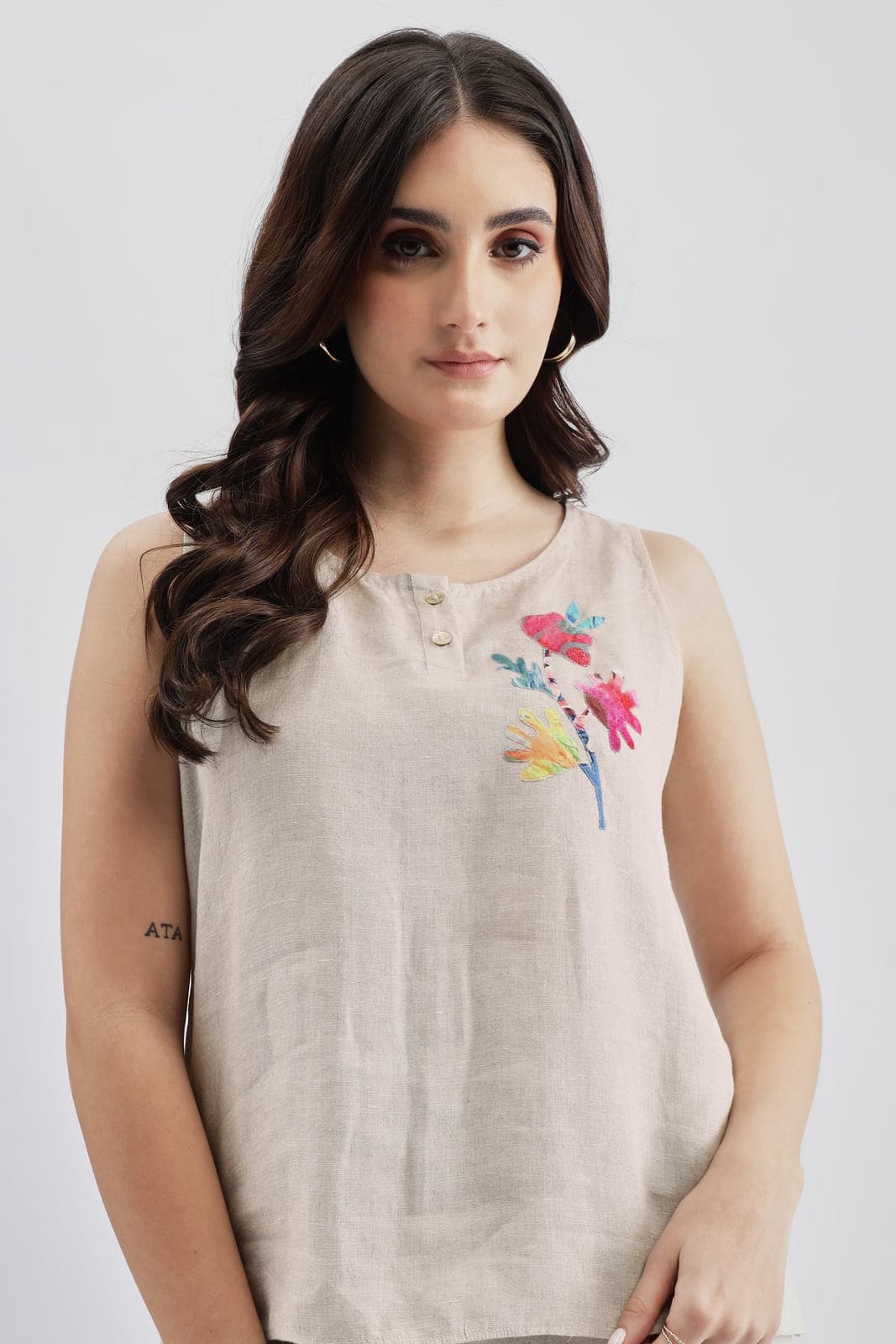 Beige Linen Sleevless Embroidered Top